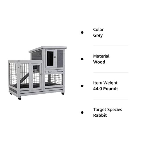 Rabbit Hutch Indoor and Outdoor Rabbit Cage 37 Inch Wide Wooden Hutch House Guinea Pig Cage with Wheels Rolling Large Hutch Cage,Grey