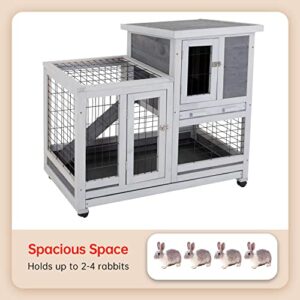 Rabbit Hutch Indoor and Outdoor Rabbit Cage 37 Inch Wide Wooden Hutch House Guinea Pig Cage with Wheels Rolling Large Hutch Cage,Grey