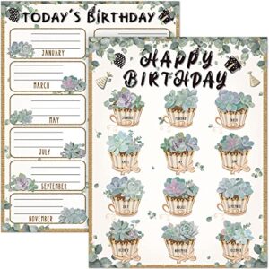 2 pieces happy birthday poster chart, eucalyptus happy birthday bulletin decorations for classroom, birthday calendar poster, succulent birthday bulletin board for class, school, office, 17 x 22 inch