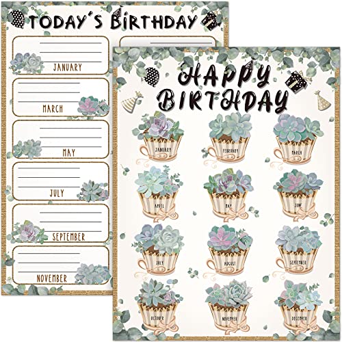 2 Pieces Happy Birthday Poster Chart, Eucalyptus Happy Birthday Bulletin Decorations for Classroom, Birthday Calendar Poster, Succulent Birthday Bulletin Board for Class, School, Office, 17 x 22 inch