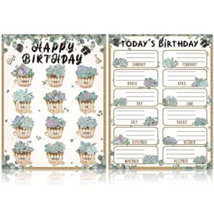 2 Pieces Happy Birthday Poster Chart, Eucalyptus Happy Birthday Bulletin Decorations for Classroom, Birthday Calendar Poster, Succulent Birthday Bulletin Board for Class, School, Office, 17 x 22 inch