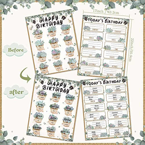 2 Pieces Happy Birthday Poster Chart, Eucalyptus Happy Birthday Bulletin Decorations for Classroom, Birthday Calendar Poster, Succulent Birthday Bulletin Board for Class, School, Office, 17 x 22 inch