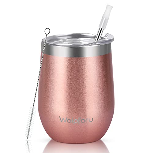 Waipfaru Wine Tumbler, 12 Oz Insulated Wine Tumbler With Lid and Straw, Stainless Steel Stemless Cup, Double Wall Vacuum Wine Tumbler for Wine Coffee Cocktails, Travel & outdoors (Rose Gold)