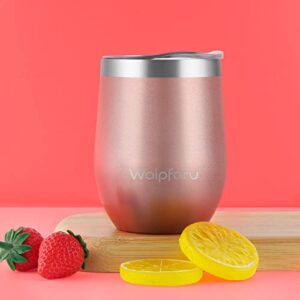 Waipfaru Wine Tumbler, 12 Oz Insulated Wine Tumbler With Lid and Straw, Stainless Steel Stemless Cup, Double Wall Vacuum Wine Tumbler for Wine Coffee Cocktails, Travel & outdoors (Rose Gold)