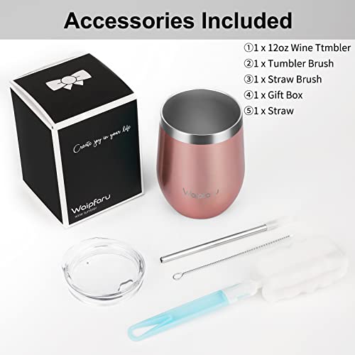 Waipfaru Wine Tumbler, 12 Oz Insulated Wine Tumbler With Lid and Straw, Stainless Steel Stemless Cup, Double Wall Vacuum Wine Tumbler for Wine Coffee Cocktails, Travel & outdoors (Rose Gold)