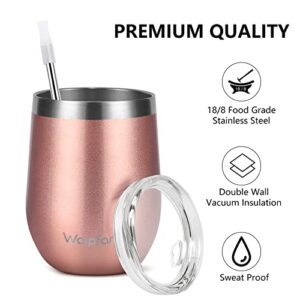 Waipfaru Wine Tumbler, 12 Oz Insulated Wine Tumbler With Lid and Straw, Stainless Steel Stemless Cup, Double Wall Vacuum Wine Tumbler for Wine Coffee Cocktails, Travel & outdoors (Rose Gold)