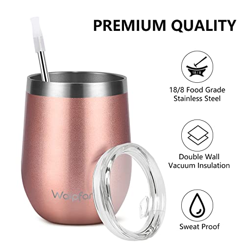 Waipfaru Wine Tumbler, 12 Oz Insulated Wine Tumbler With Lid and Straw, Stainless Steel Stemless Cup, Double Wall Vacuum Wine Tumbler for Wine Coffee Cocktails, Travel & outdoors (Rose Gold)