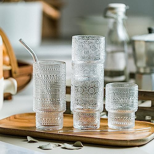 Glass Cups Vintage Glassware | Set of 4 Large, Embossed Stackable Pattern Style Transparent Cocktail Glasses Set, Ice Coffee Cup Juice Drinkware, Clear, 310ml (L)