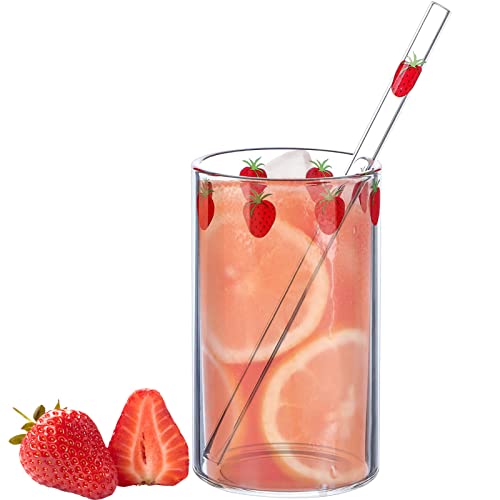 300ML Glass Cup with Straw, Clear Heat-Proof Water Cup Cute Strawberry Pattern Glasses Bottle for Water Milk Tea Home Office(1pcs)