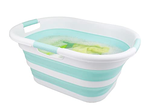 SAMMART 40L (10.5 gallon) Collapsible Plastic Laundry Basket - Foldable Pop Up Storage Container/Organizer - Portable Washing Tub - Space Saving Hamper/Basket (White/Lake Green)