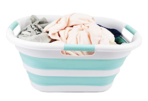 SAMMART 40L (10.5 gallon) Collapsible Plastic Laundry Basket - Foldable Pop Up Storage Container/Organizer - Portable Washing Tub - Space Saving Hamper/Basket (White/Lake Green)