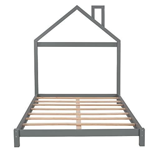 Merax Kids House Beds Full Wood Bed Frames for Boys,Girls, No Box Spring Need (Full, Gray)