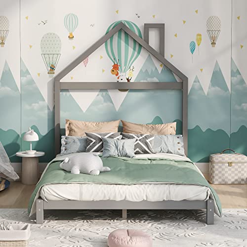 Merax Kids House Beds Full Wood Bed Frames for Boys,Girls, No Box Spring Need (Full, Gray)