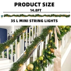 Dazzle Bright 15 FT Artificial Christmas Garland, Pre-Lit 35 LED Mini String Lights Plug in Xmas Garland, Lighted Christmas Decoration for Indoor Holiday Door Home Stairs Decor