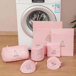 Mesh Laundry Bags Set of 7 Lingerie Bags for Washing Delicates Durable Honeycomb Mesh Laundry Bags with Zipper Bra Washing Bags for Bra,Underwear,Blouse,Jeans Etc(Pink)
