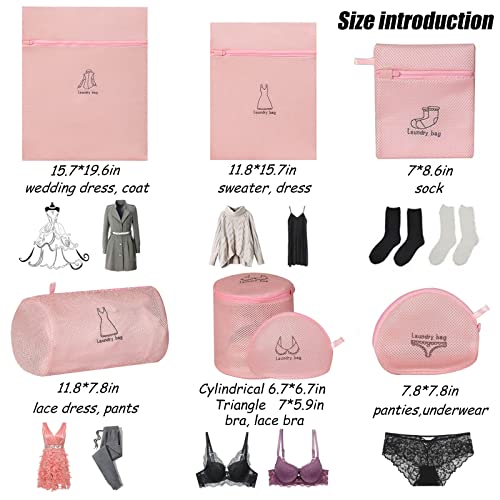 Mesh Laundry Bags Set of 7 Lingerie Bags for Washing Delicates Durable Honeycomb Mesh Laundry Bags with Zipper Bra Washing Bags for Bra,Underwear,Blouse,Jeans Etc(Pink)