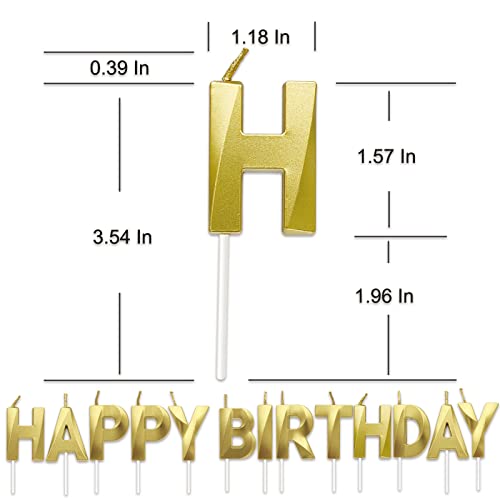 Comluge 13Pcs 3.55 Inches 3D Gold Happy Birthday Letter Candles for Cake Metallic Looking Candles for Birthday Cake Cupcake Candles(Small, Gold)