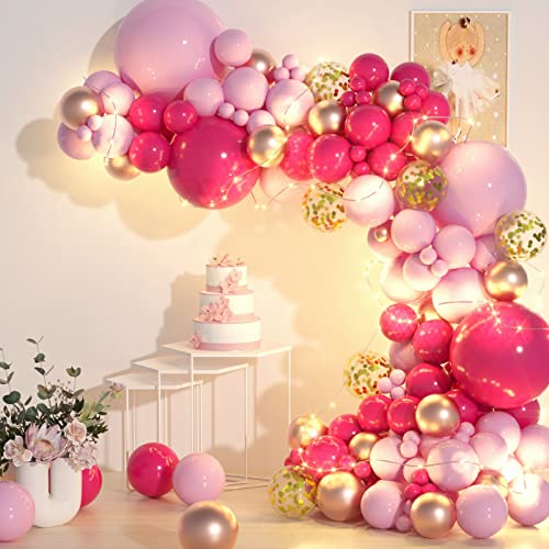 KARLURE Pink Balloon Arch Kit with Lights, Hot Pink Rose Gold Chrome Balloons Garland for Barbie Princess Theme Party Birthday Wedding Bridal Shower Valentine Day Mother's Day Decorations Background