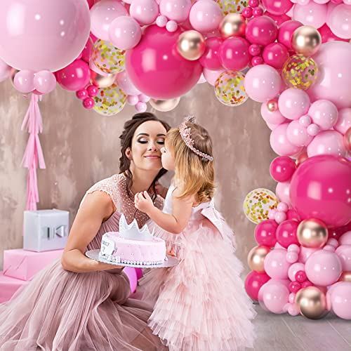 KARLURE Pink Balloon Arch Kit with Lights, Hot Pink Rose Gold Chrome Balloons Garland for Barbie Princess Theme Party Birthday Wedding Bridal Shower Valentine Day Mother's Day Decorations Background