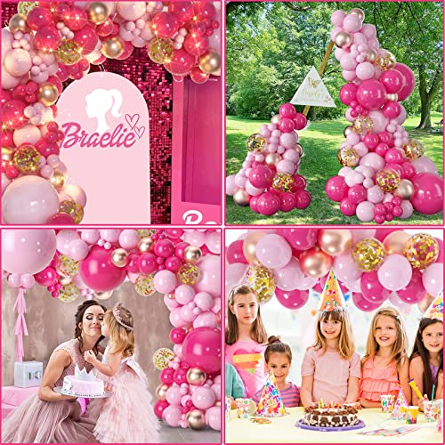 KARLURE Pink Balloon Arch Kit with Lights, Hot Pink Rose Gold Chrome Balloons Garland for Barbie Princess Theme Party Birthday Wedding Bridal Shower Valentine Day Mother's Day Decorations Background