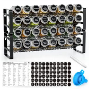 jonyj spice rack organizer with 32 empty square spice jars, 396 spice labels, chalk marker and funnel complete set for cabinet, countertop or wall mount - 4 tier