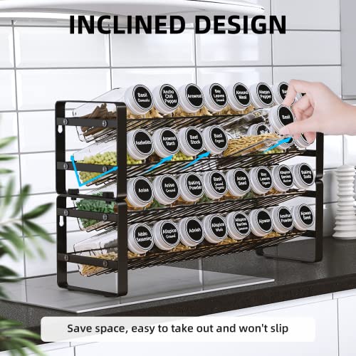 JONYJ Spice Rack Organizer with 32 Empty Square Spice Jars, 396 Spice Labels, Chalk Marker and Funnel Complete Set for Cabinet, Countertop or Wall Mount - 4 Tier