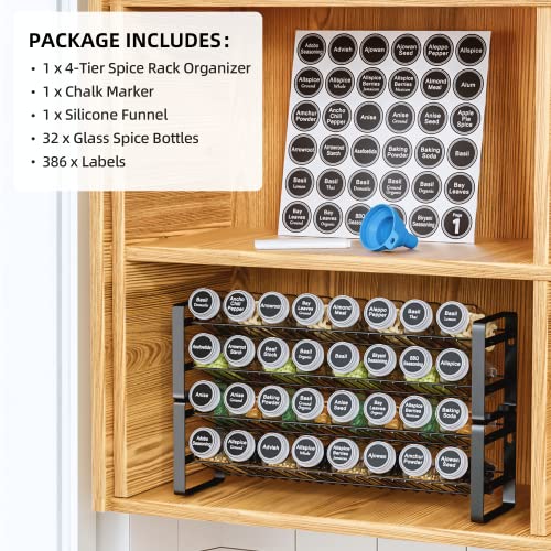 JONYJ Spice Rack Organizer with 32 Empty Square Spice Jars, 396 Spice Labels, Chalk Marker and Funnel Complete Set for Cabinet, Countertop or Wall Mount - 4 Tier