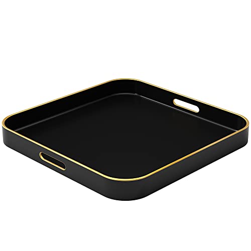 American Atelier Black Serving Tray with Gold Trimming | Square Serving Tray with Handles | Trays for Serving Food, Coffee, Tea, and More | Classic Coffee Table Tray in Black