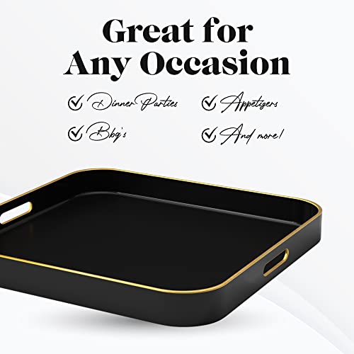 American Atelier Black Serving Tray with Gold Trimming | Square Serving Tray with Handles | Trays for Serving Food, Coffee, Tea, and More | Classic Coffee Table Tray in Black