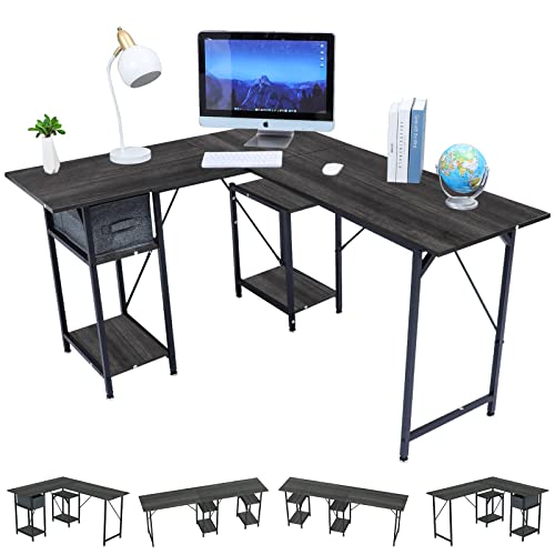 DLIUZ Gaming Desk with Drawer，l Shaped Desk, Home Office Two Person Long Writing Study Table Reversible Corner Computer Desk with Shelve Large Modern PC Workstation Studio Craft Printer Table(Gray)