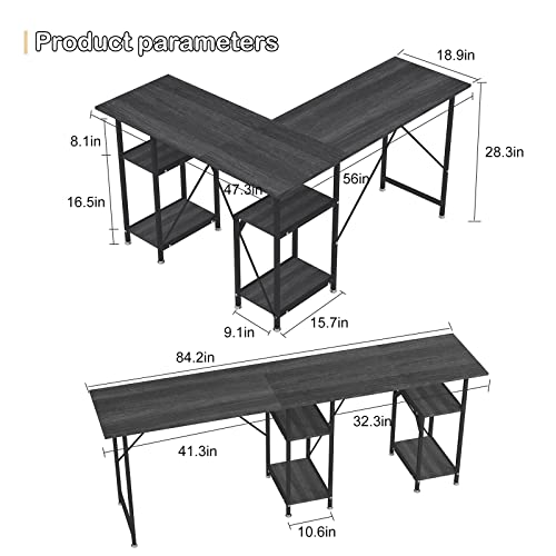 DLIUZ Gaming Desk with Drawer，l Shaped Desk, Home Office Two Person Long Writing Study Table Reversible Corner Computer Desk with Shelve Large Modern PC Workstation Studio Craft Printer Table(Gray)