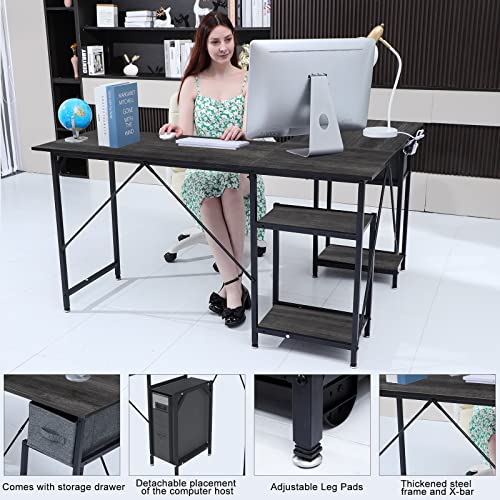 DLIUZ Gaming Desk with Drawer，l Shaped Desk, Home Office Two Person Long Writing Study Table Reversible Corner Computer Desk with Shelve Large Modern PC Workstation Studio Craft Printer Table(Gray)