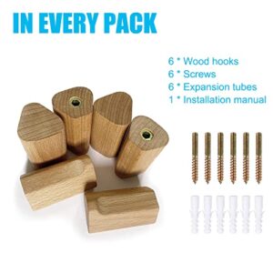 GAUYEBY Wood Wall Hooks 6 Pack, Natural Wooden Rustic Wall Hook, Handmade Coat Hooks Hat Hooks, Modern Decorative Hooks, Heavy Duty Robe Hook for Hanging Bathroom Towels Clothes Hanger (Beech)