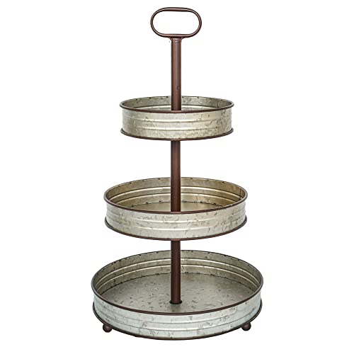 Farmhouse 3-Tiered Round Metal Tray Stand, Decorative Table Decor Serving Tray with Handle for Kitchen, Dining Room, Shelf Coffee Bar Table, Seasonal Display Tiered Tray Decor, Galvanized Gray Finish