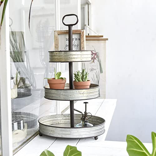 Farmhouse 3-Tiered Round Metal Tray Stand, Decorative Table Decor Serving Tray with Handle for Kitchen, Dining Room, Shelf Coffee Bar Table, Seasonal Display Tiered Tray Decor, Galvanized Gray Finish