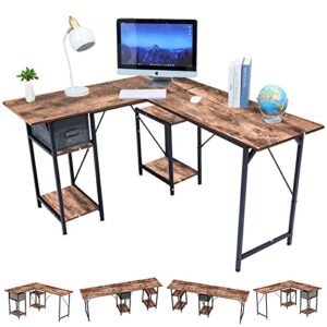 dliuz l shaped desk with drawers，computer desk is reversible corner large gaming pc table with usb charging port and power outlet,long writing study table with shelve suitable for 2 people working