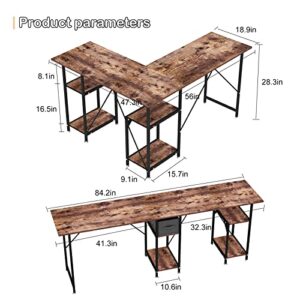 DLIUZ L Shaped Desk with Drawers，Computer Desk is Reversible Corner Large Gaming pc Table with USB Charging Port and Power Outlet,Long Writing Study Table with Shelve Suitable for 2 People Working