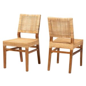 baxton studio lesia modern brown rattan and brown wood 2-piece dining chair set