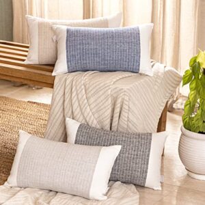 STITCH N STRING 12x20 Inches Pack of 2 White & Blue Linen Yarn Dyed Striped Boho Decorative Machine Stitches Bedroom Throw Pillows Covers for Bed & Couch Home Decor Cushion Covers