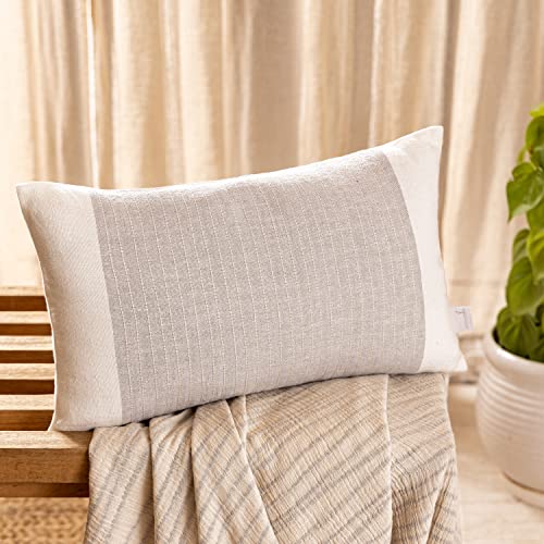 STITCH N STRING 12x20 Inches Pack of 2 White & Blue Linen Yarn Dyed Striped Boho Decorative Machine Stitches Bedroom Throw Pillows Covers for Bed & Couch Home Decor Cushion Covers