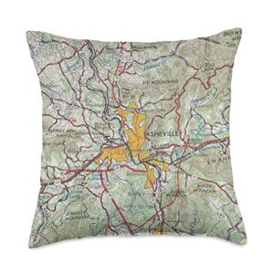 buncombe county north carolina old city atlas vintage asheville nc map (1966) throw pillow, 18x18, multicolor