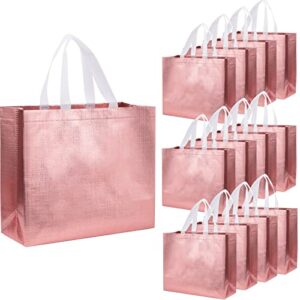 12 pcs rose gold gift bags,glossy reusable grocery bag,shiny non-woven gift bags,shopping tote bag with handle,present bag candy goodie bags for wedding bridesmaid bachelorette party birthday holiday