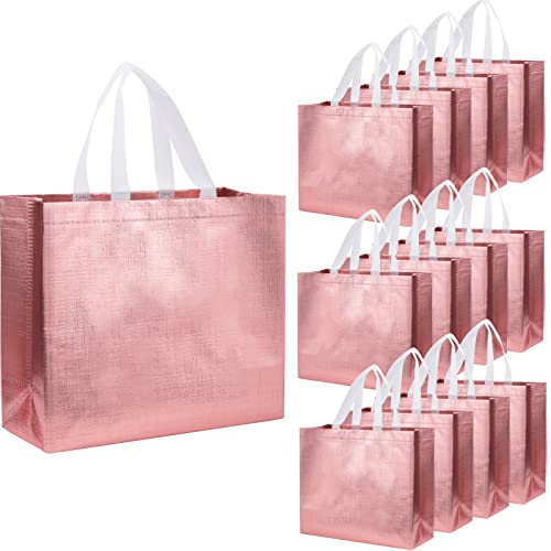 12 Pcs Rose Gold Gift Bags,Glossy Reusable Grocery Bag,Shiny Non-Woven Gift Bags,Shopping Tote Bag with Handle,Present Bag Candy Goodie bags for Wedding Bridesmaid Bachelorette Party Birthday Holiday