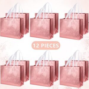 12 Pcs Rose Gold Gift Bags,Glossy Reusable Grocery Bag,Shiny Non-Woven Gift Bags,Shopping Tote Bag with Handle,Present Bag Candy Goodie bags for Wedding Bridesmaid Bachelorette Party Birthday Holiday