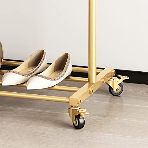 Smlttel Metal Gold Clothes Rack for Hanging Clothes, Rolling Clothing Rack for Boutique Display, Gold Coat Rack Standing Garment Rack with Shelf, Industrial Pipe Rack, Heavy Duty Clothing Rack, Gold