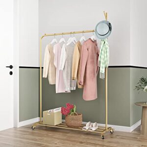 Smlttel Metal Gold Clothes Rack for Hanging Clothes, Rolling Clothing Rack for Boutique Display, Gold Coat Rack Standing Garment Rack with Shelf, Industrial Pipe Rack, Heavy Duty Clothing Rack, Gold