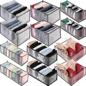 12 Pcs Wardrobe Clothes Organizer Foldable Drawer Organizers Gray Clothing Organizer Clothing Compartment Storage Box, 6/7/9/11 Grids (Upgraded:2Leggings+4Jeans+2Bras+2Panties+2Socks)