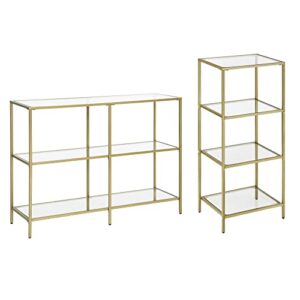 vasagle modern 4-tier shelving unit and 3-tier console table bundle, modern shelves with tempered glass, for living room, entryway, golden ulgt27g and ulgt28g