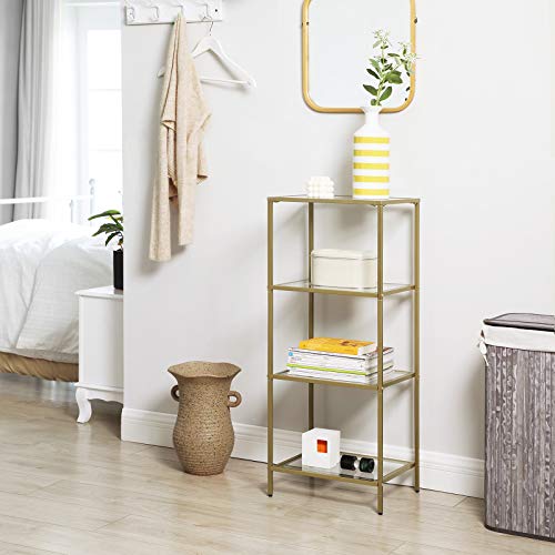 VASAGLE Modern 4-Tier Shelving Unit and 3-Tier Console Table Bundle, Modern Shelves with Tempered Glass, for Living Room, Entryway, Golden ULGT27G and ULGT28G