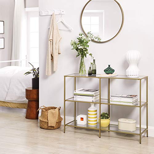 VASAGLE Modern 4-Tier Shelving Unit and 3-Tier Console Table Bundle, Modern Shelves with Tempered Glass, for Living Room, Entryway, Golden ULGT27G and ULGT28G